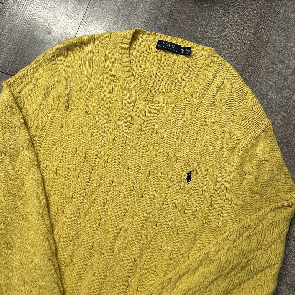 Vintage Polo Ralph Lauren Sweater Mens XL Yellow Cable Knit Pony Crew Neck